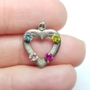 Vintage JJ MNT Sterling Silver Heart Pendant, Colorful Rhinestones, Charm